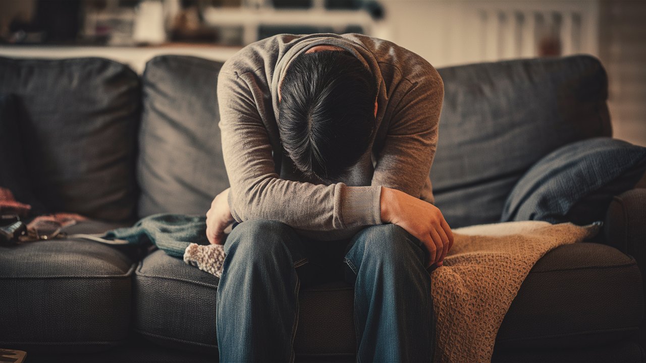 Zmęczony mężczyzna siedzący na kanapie